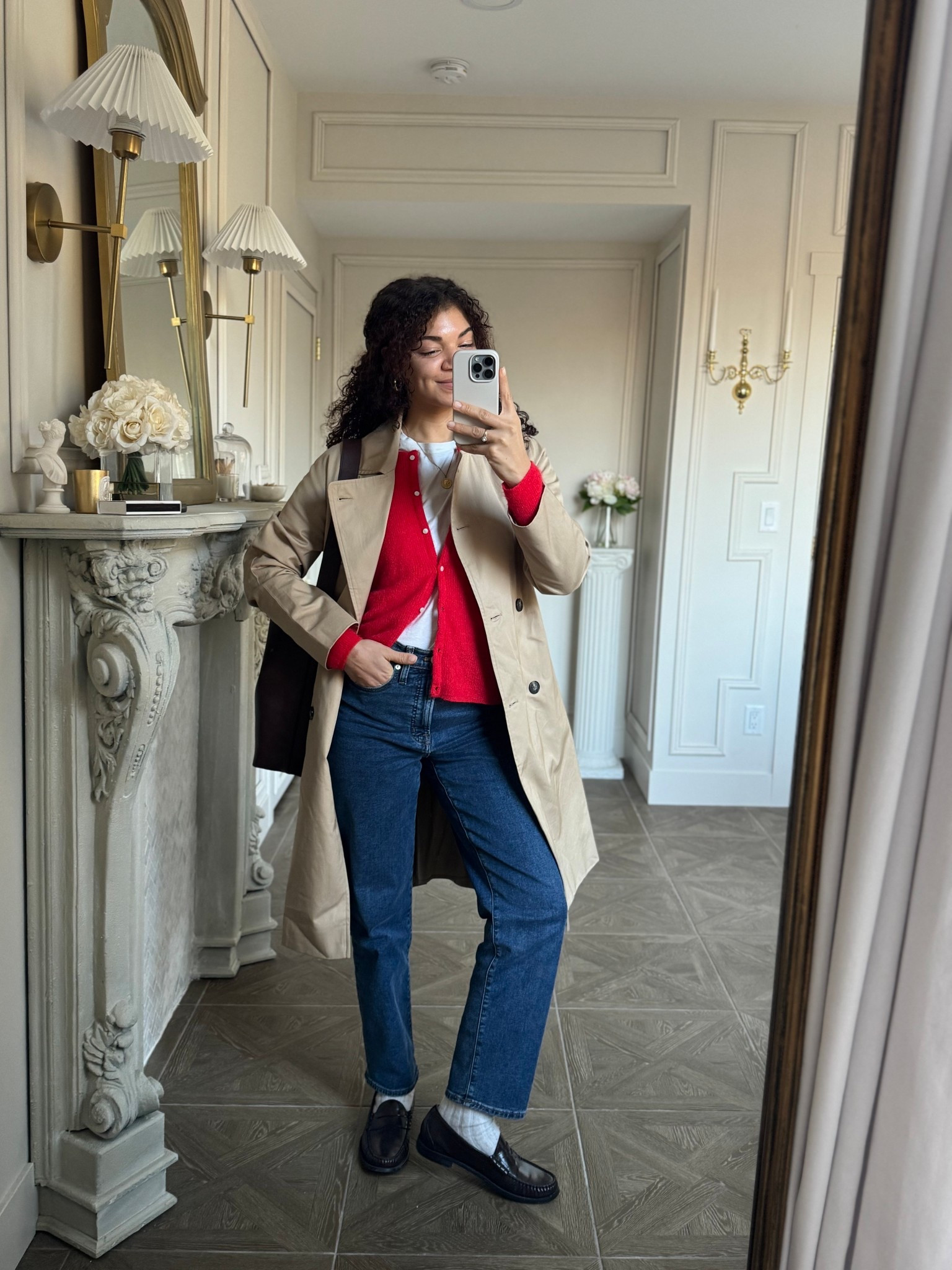 white t shirt, red cardigan, trench coat, jeans, socks, loafers, tote bag 

#LTKootd