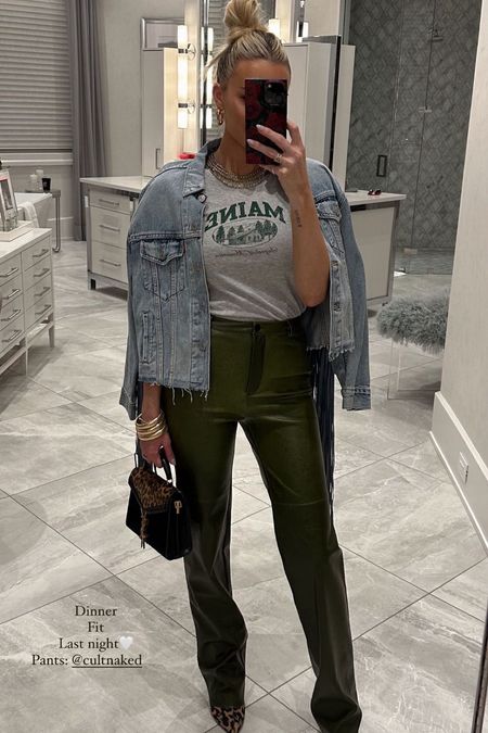 Date night outfit 💚 These pants are SO fun and I love mixing it up from regular jeans. 

Pants l tee l jean jacket l bag l outfit l outfit inspo

#LTKSeasonal