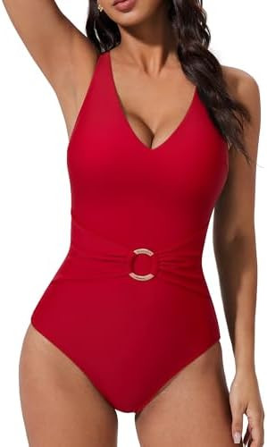 SUUKSESS Women Retro One Piece Swimsuit Metal Tummy Control V Neck Bathing Suit | Amazon (US)