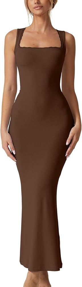 QINSEN Women's Square Neck with Lace Detail Long Maxi Dress Sleeveless Lounge Ribbed Full Length ... | Amazon (US)