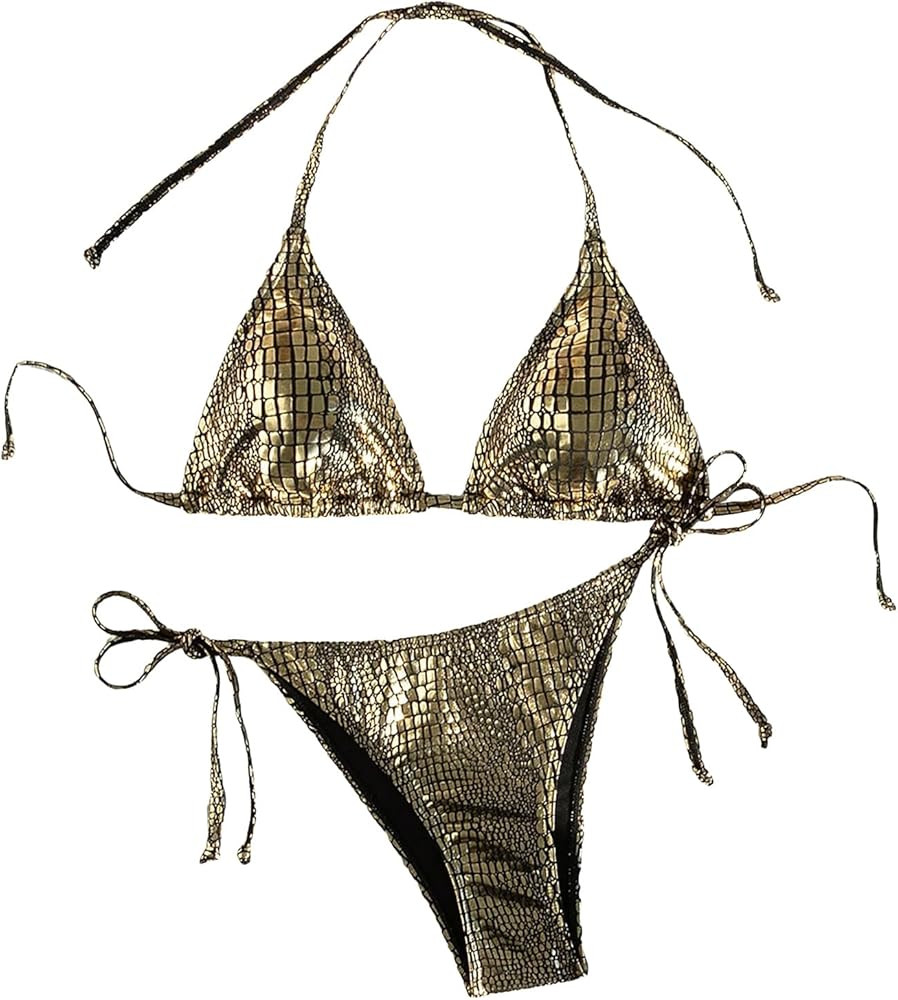 SOLY HUX Women's Metallic Halter Top Two Piece Swimsuit Tie Side Triangle Bikini Gold Snakeskin P... | Amazon (US)
