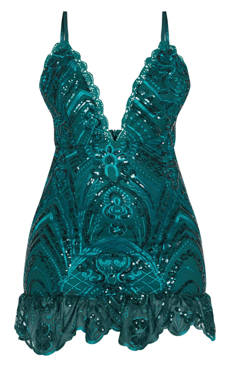 Emerald Green Sequin Lace Frill Dress | PrettyLittleThing US