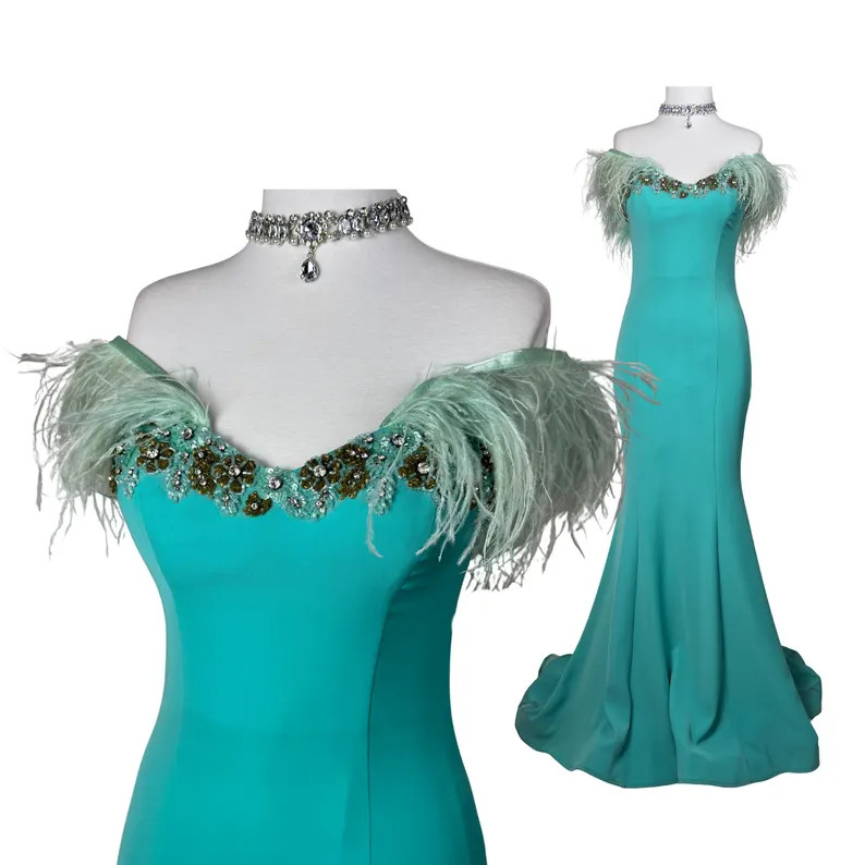 Vintage Turquoise Mermaid Gown: Feather Off-Shoulder Strapless Maxi Dress | Etsy (Global)