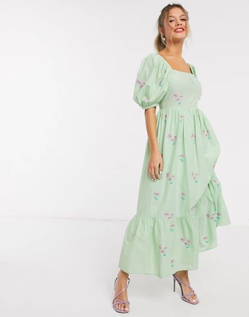 ASOS DESIGN all over embroidered cotton midi dress with lace up back in green | ASOS (Global)