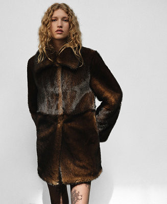 Women's Shirt Collar Fur-Effect Coat | Macy's