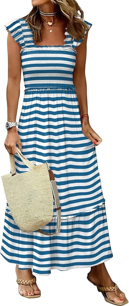 ANRABESS Womens Summer Sleeveless Maxi Dress Square Neck Smocked Boho Casual Ruffle Strap Flowy A... | Amazon (US)