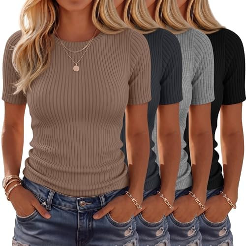 Neer 4 Pack Women’s Ribbed T-Shirts Cotton Short Sleeve Fitted Basic Tops Crew Neck Casual Shir... | Amazon (US)