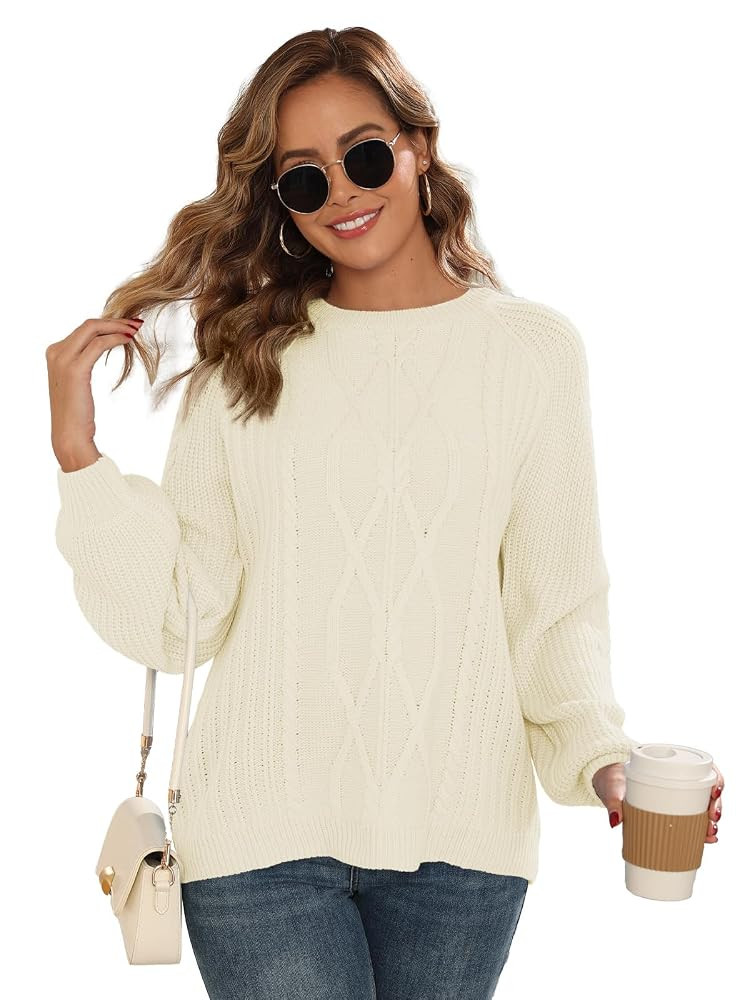 Womens Chunky Cable Knit Pullover Fall Crewneck Sweater Outfits Long Sleeve Tops | Amazon (US)
