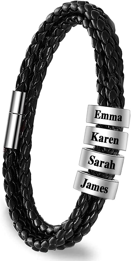 Yofair Custom Mens Bracelet with Kids Name Personalized Braided Leather Bracelet Engraved Bracele... | Amazon (US)
