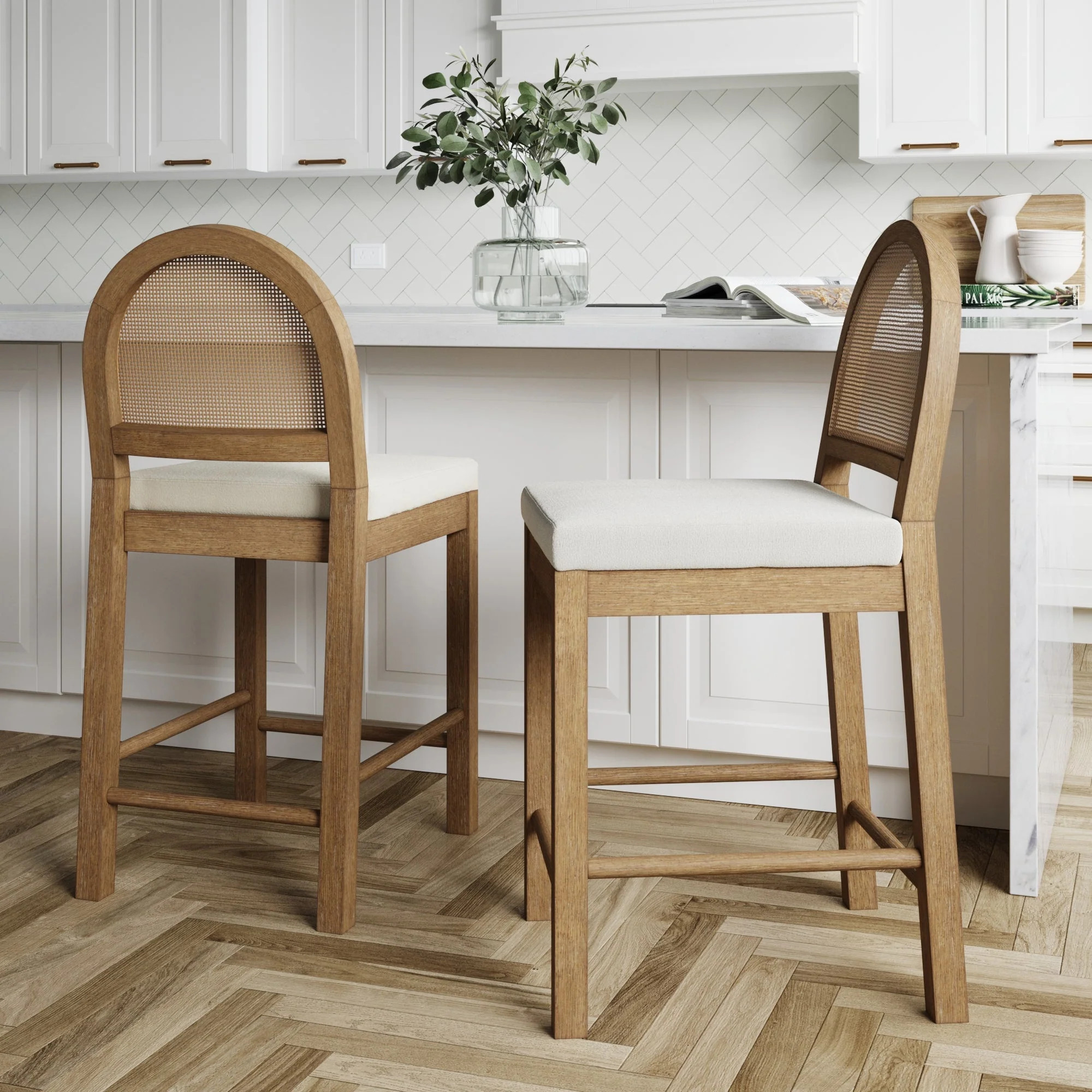 Boucle & Rattan Counter Height Bar Stools Light Brown (Set of 2) | Nathan James