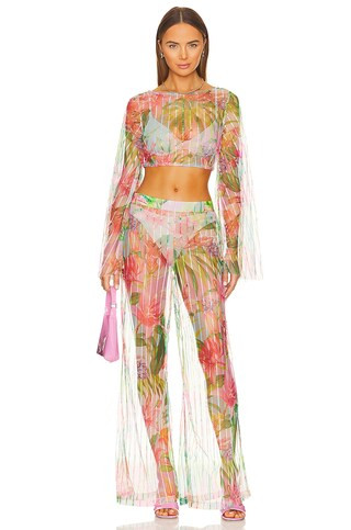 Lora Crop Top in Multicolor Hibiscus | Long Sleeve Sheer Top Sheer Pink Pants Outfit Pant Set | Revolve Clothing (Global)