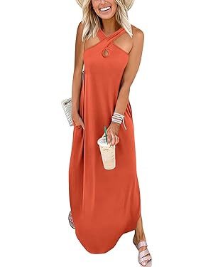 ANRABESS Women’s Casual Summer Maxi Dress Criss Cross Slit Side Sleeveless Loose Beach Long Sun... | Amazon (US)