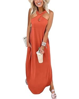 ANRABESS Women’s Casual Summer Maxi Dress Criss Cross Slit Side Sleeveless Loose Beach Long Sun... | Amazon (US)