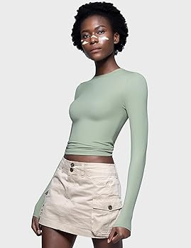 PUMIEY Women's Long Sleeve T Shirts Crew Neck Slim Fit Tops Sexy Basic Tee Smoke Cloud Pro Collec... | Amazon (US)