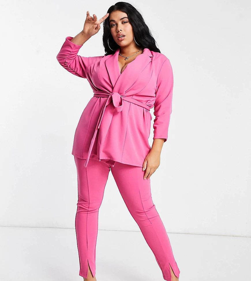 ASOS DESIGN Curve jersey slim split front suit trousers in magenta-Pink | ASOS (Global)