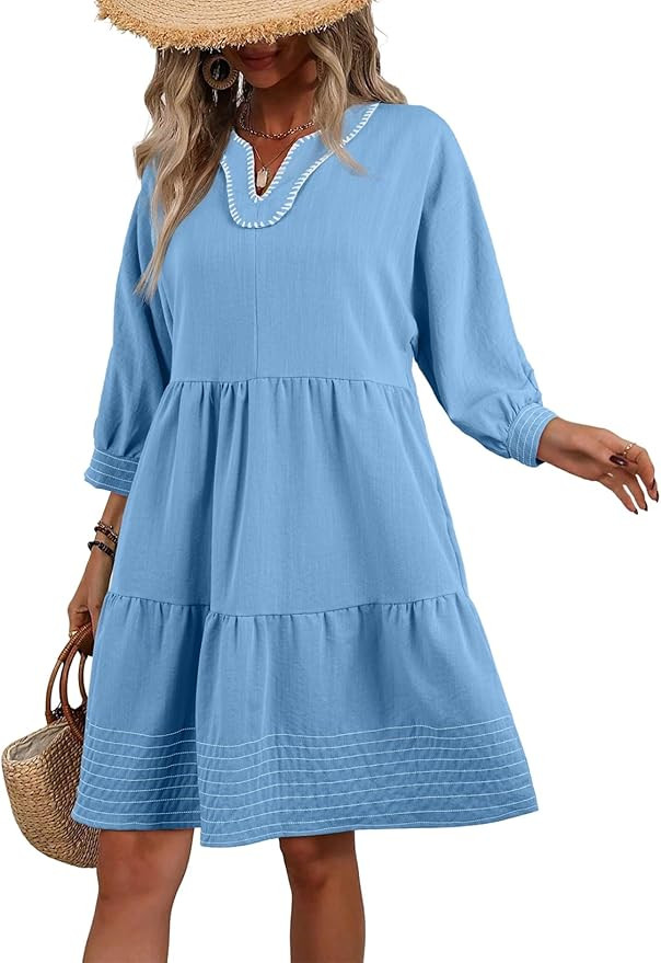 BLENCOT Summer Dresses for Women Casual V Neck 3/4 Puff Sleeve Boho A-line Tiered Babydoll Dress | Amazon (US)