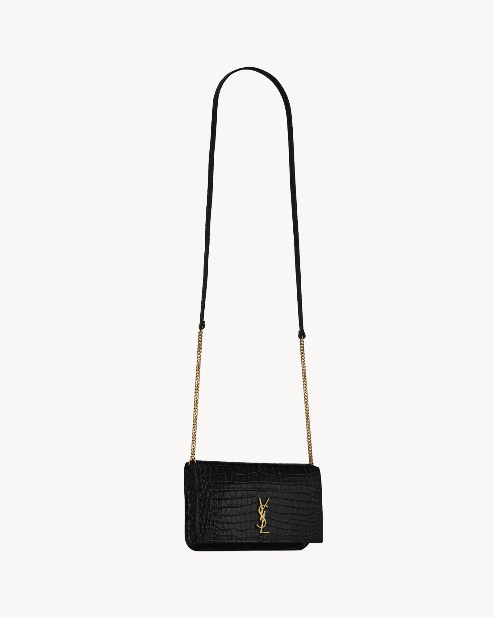 cassandre saint laurent phone holder with strap in shiny crocodile-embossed leather | Saint Laurent Inc. (Global)