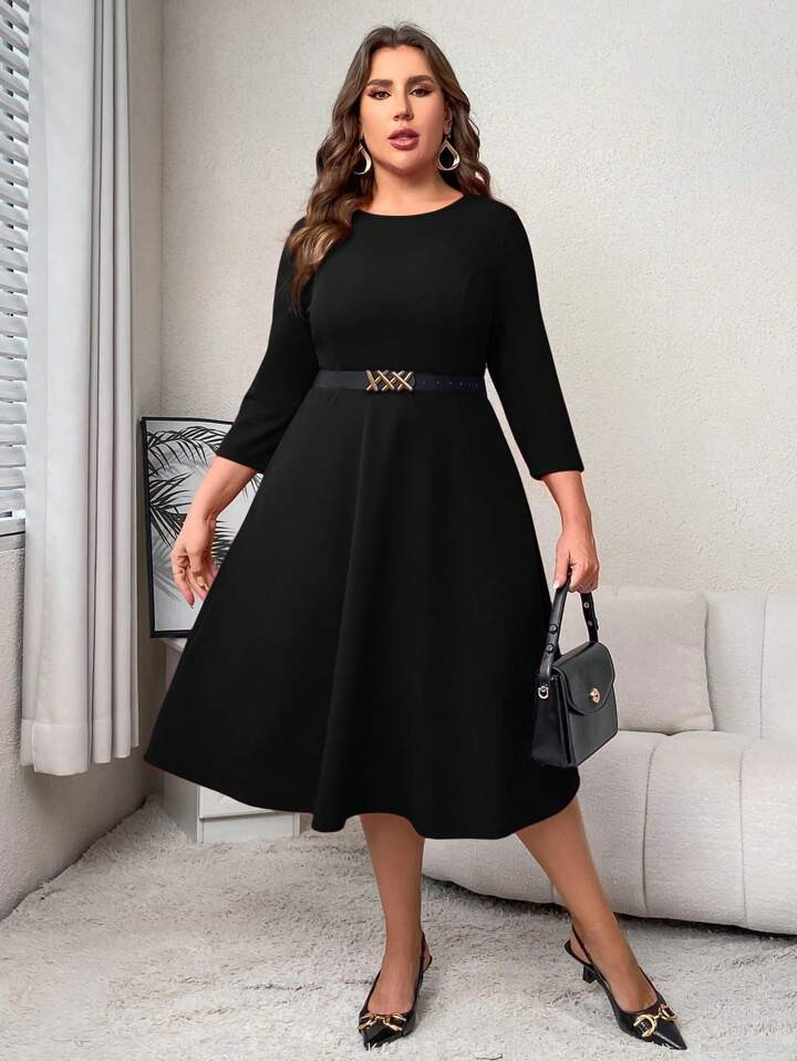 SHEIN Clasi Plus Size Women'S Round Neck 3/4 Sleeve Dress | SHEIN