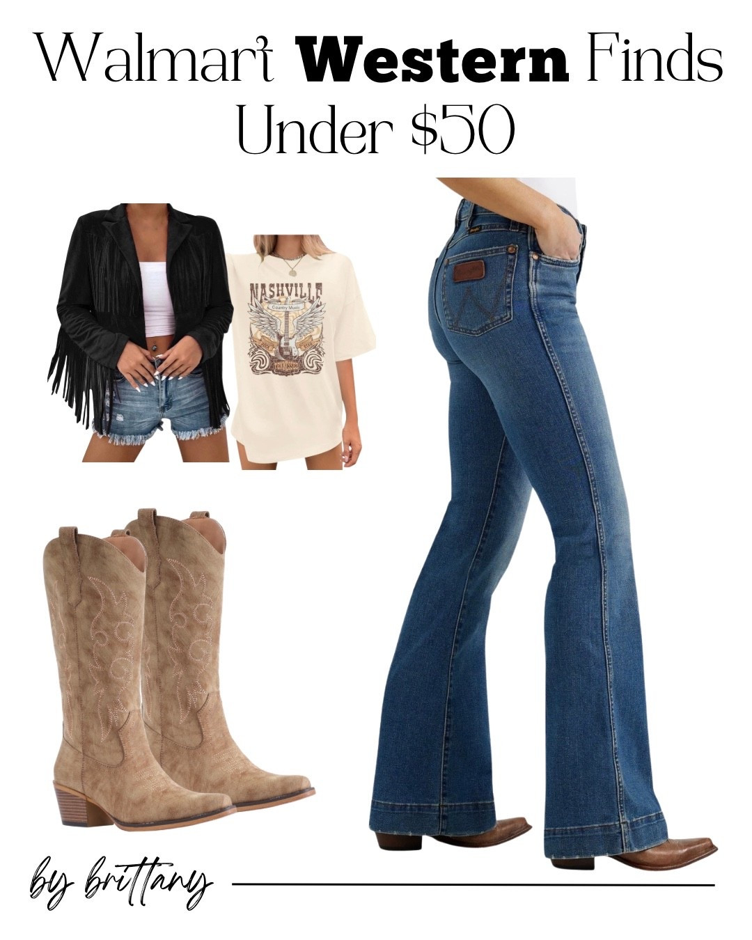 Walmart western finds UNDER $50 🤎🔥
Sharing my favorite budget friendly western outfits featuring best selling Wrangler flare jeans, trendy cowboy boots, a Nashville graphic tee, and a fringe jacket that instantly elevates any look!

These are viral style staples that sell out fast — perfect for fall outfits, country concerts, rodeos, everyday western wear, and casual chic looks.

👉 Tap to shop all Walmart western fashion finds
👉 Affordable, trendy & highly rated
👉 Save for outfit inspo on a budget

From western boots and flare jeans to graphic tees and fringe jackets — you can build a full cowgirl outfit without breaking the bank 🙌

#WalmartFinds #WesternStyle #CowgirlOutfits #WesternFashion #BudgetFriendlyFashion #WesternBoots #FlareJeans #CountryStyle #FallOutfitInspo #AffordableStyle #LTKFinds #LTKUnder50 #ShopMyLook #WesternChic #EverydayOutfits

#LTKOver40 #LTKgrwm #LTKootd
