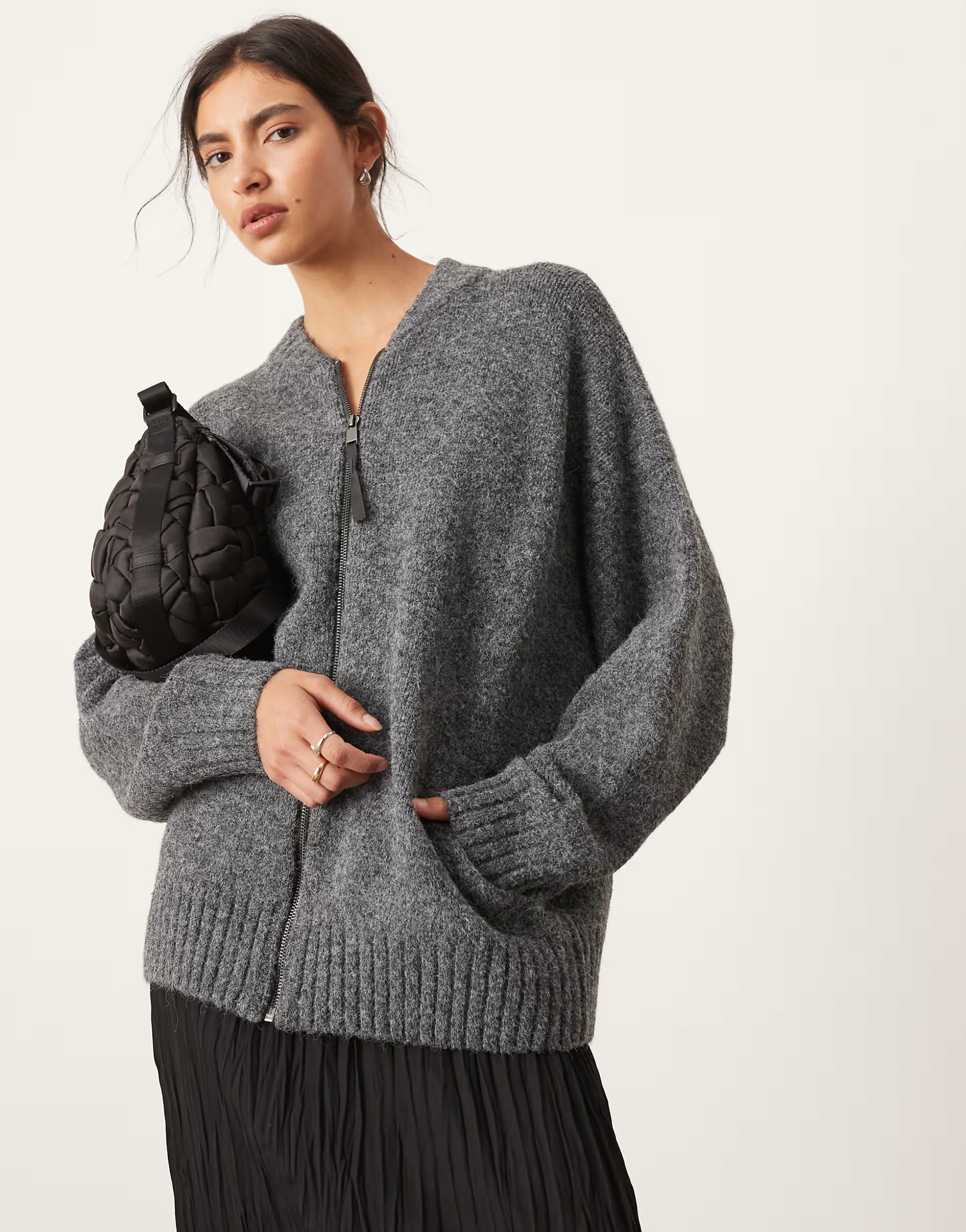 ASOS EDITION compact knit zip through sweater in charcoal gray | ASOS (Global)
