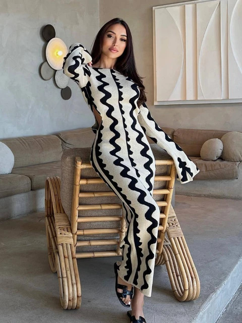 Autumn Flare Long Sleeve Bodycon Dress for Women Elegant Sexy Cut Out Wave Knitted Maxi Dress Chr... | AliExpress (US)