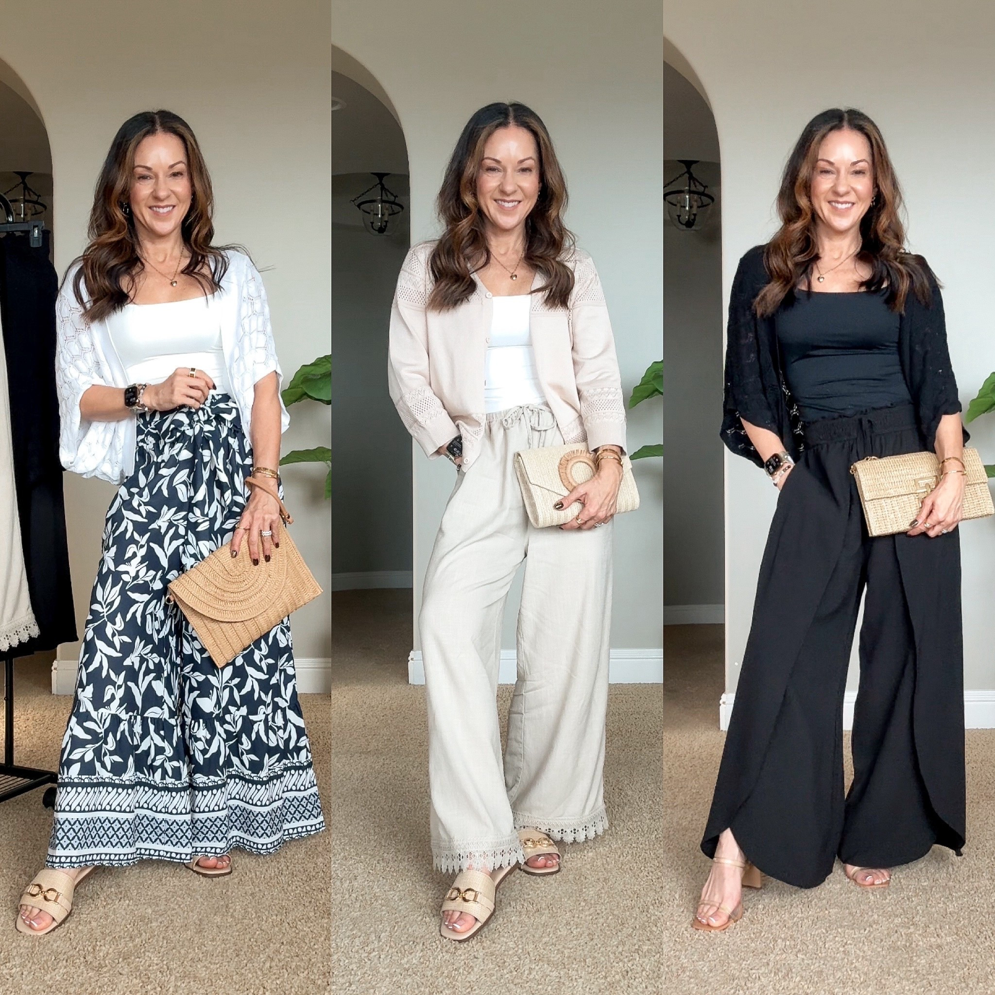 Summer resort vacation wide leg pants with pockets and lightweight cardigans perfect for summer and cruises. I am wearing the smallest size in everything. For ref: I'm 5'1", 109lbs. Pants are washed. I need heels with the style in black.

#LTKOver40 #LTKSeasonal #LTKTravel