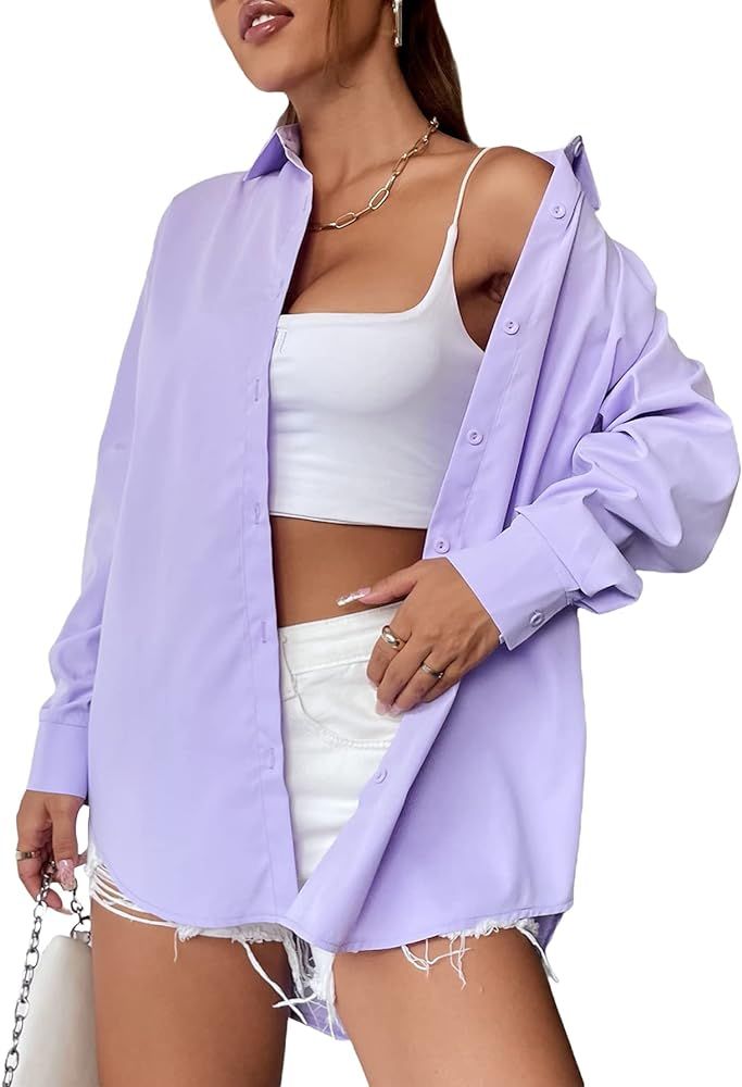 SheIn Women's Casual Long Sleeve Oversized Button Up Drop Shoulder Collar Shirt Blouse Tops | Amazon (US)