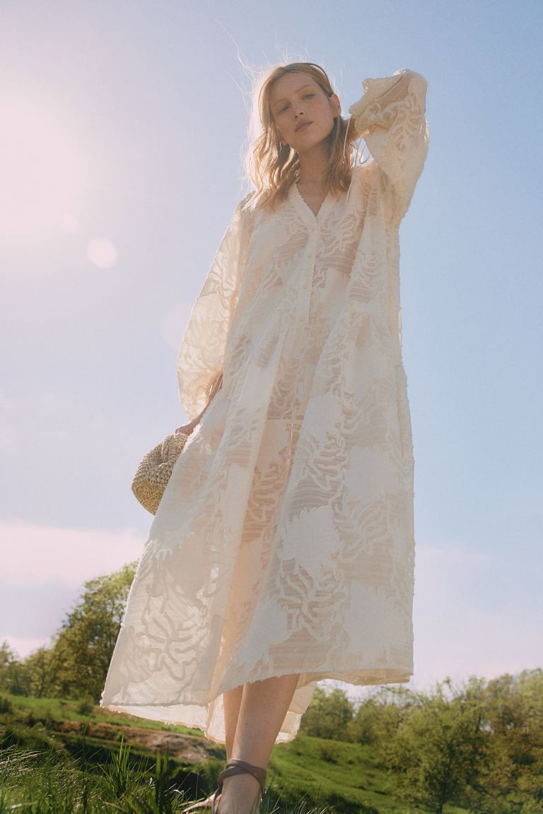 Jacquard-weave Maxi Dress - V-neck - Long sleeve - Light beige - Ladies | H&M US | H&M (US + CA)