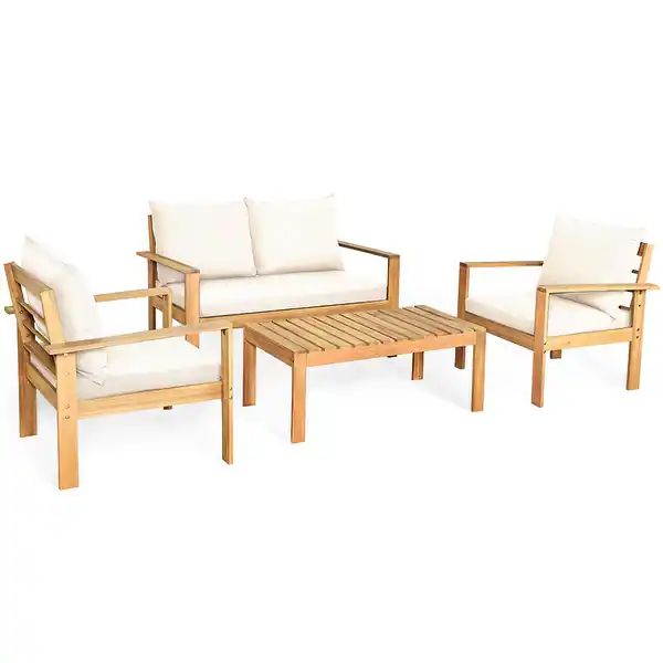 Outdoor 4 Piece Acacia Wood Chat Set Conversation Sofa and Table Set - White | Bed Bath & Beyond