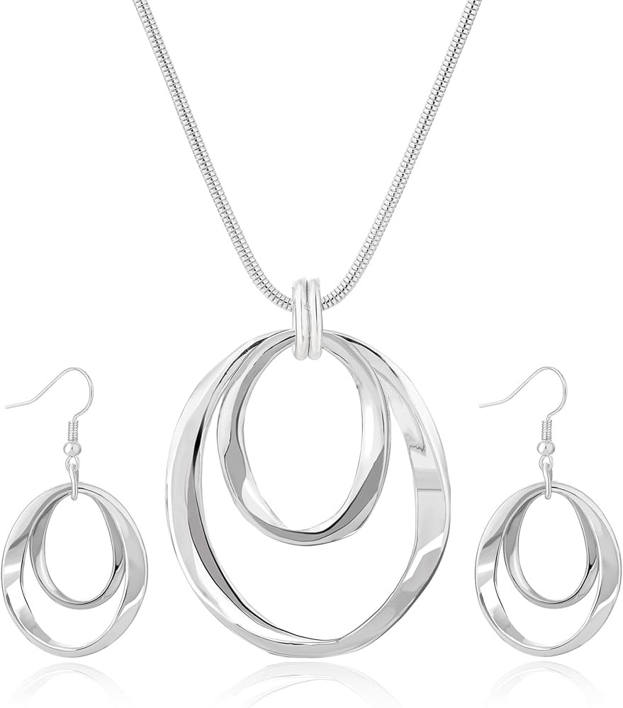 925 Silver Circle Earrings Necklace Set for Women - Hypoallergenic Dangle Earrings, Dainty Geomet... | Amazon (US)