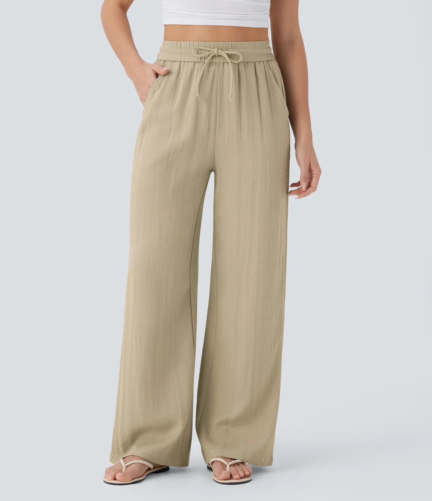 Women’s High Waisted Drawstring Pocket Wide Leg Baggy Casual Linen-Feel Pants - Halara | HALARA