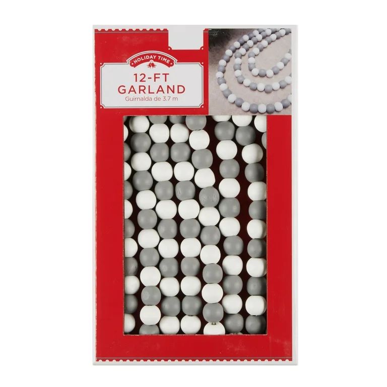Holiday Time Gray, White, and Natural Wood Bead Garland, 12' | Walmart (US)