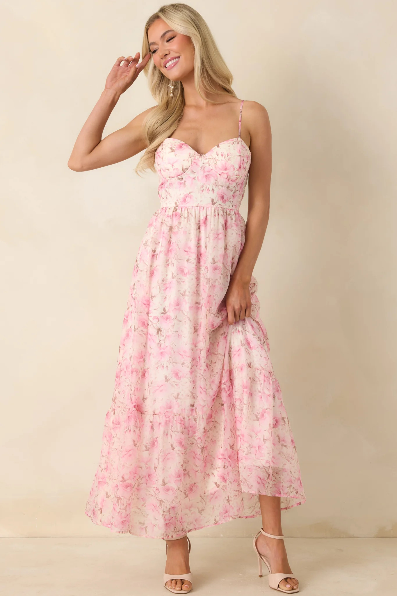 Love Me Softly Pink Floral Bustier Maxi Dress | Red Dress