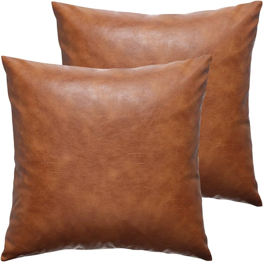 GEGELICA Faux Leather Throw Pillow Covers 18X18 Inch Set of 2 Brown Outdoor Modern Farmhouse Soli... | Amazon (US)