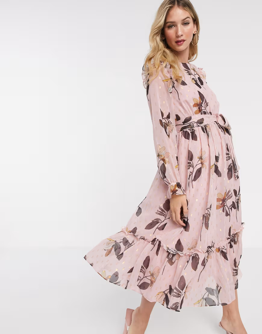 Ted Baker Elektra Savannah long sleeve fleck midi dress in pink | ASOS (Global)