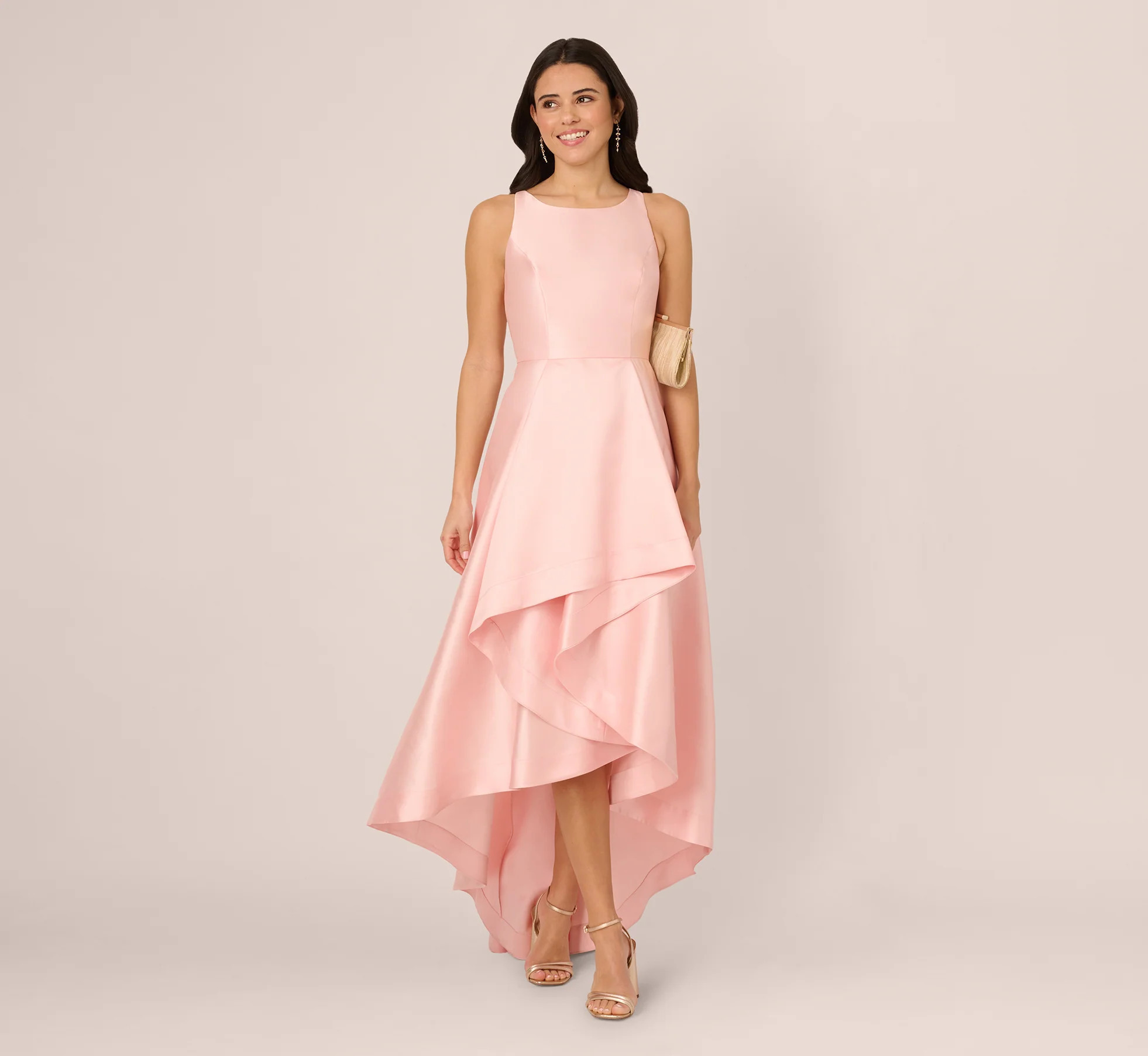 High Low Mikado Gown With Asymmetrical Detail In Pink Peach | Adrianna Papell