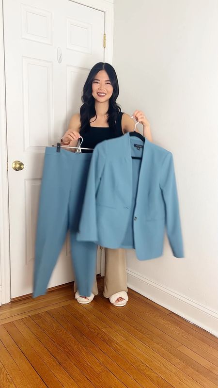 How to wear a light blue suit

Outfit 1:
Light blue blazer (2P)
Navy mock neck top (XS)
Light blue pants (4P)
Taupe tote bag
Brown loafers (TTS)

Outfit 2:
Light blue blazer (2P)
White sleeveless top (XS)
High waisted straight jeans (4P)
Brown bag
White loafers (TTS)

Outfit 3: 
Navy jacket (2P)
White tank top (XS)
Light blue pants (4P)
White tote bag
Tan pumps (1/2 size up)

Outfit 4: 
Light blue top (XS/S)
Light blue pants (4P)
Beige pumps


#LTKsalealert #LTKstyletip #LTKworkwear