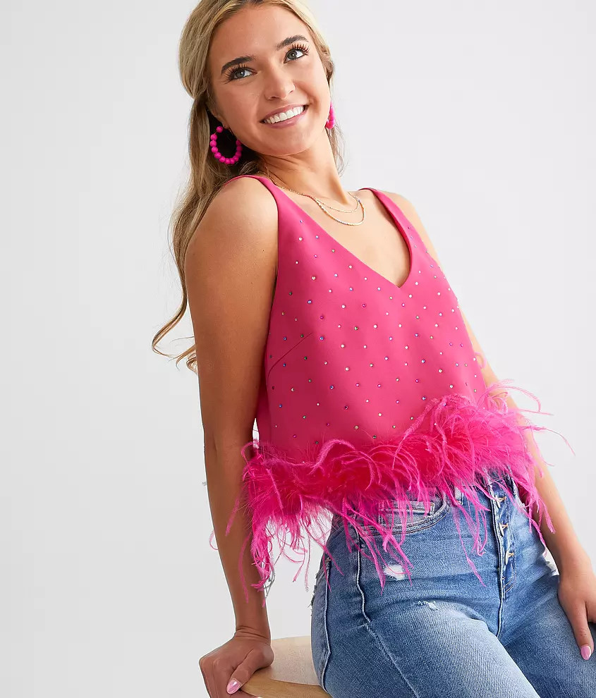 Blue B Embellished Feather Cropped Tank Top | Buckle