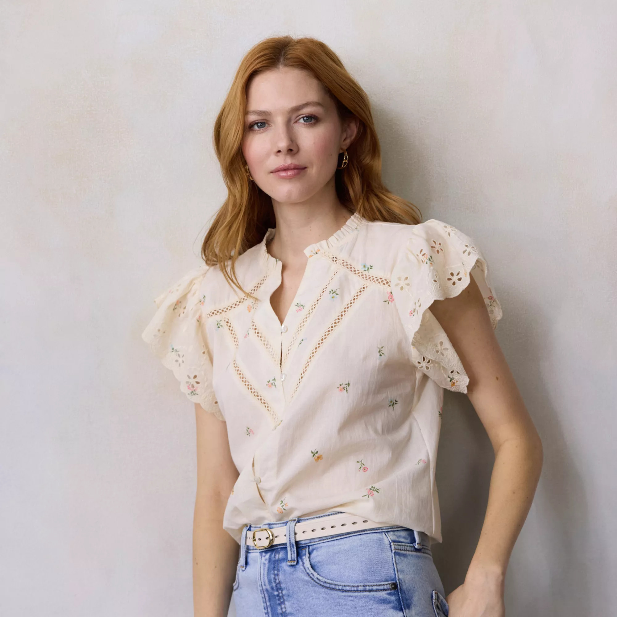 Women's LC Lauren Conrad Lace Trim Ruffle Neck Button Front Top | Kohl's