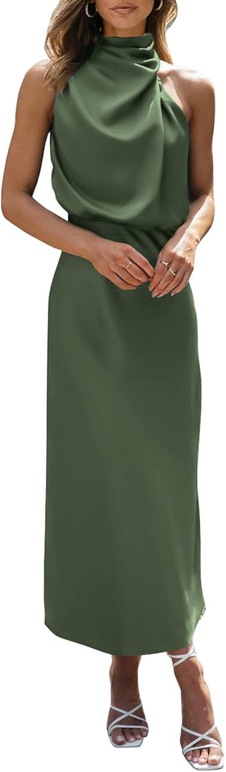 PRETTYGARDEN Women's 2023 Summer Satin Dress Elegant Sleeveless Mock Neck Cocktail Party Maxi Dre... | Amazon (US)