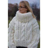 Ready Hand Knitted Cropped Chunky Wool Sweater With A Turtleneck Collar in Cream White | Etsy (US)