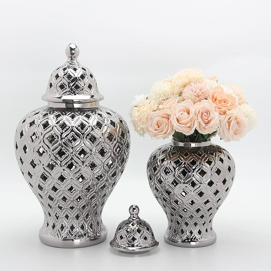ASPIRE DESIGNS Silver Ginger Jar with Lid / Ceramic VASE or Flower vase for Home Decor / Home Acc... | Amazon (US)