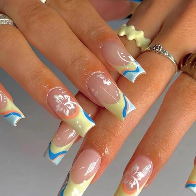 Coffin Press on Nails Long False French Nails Full Cover Flower Acrylic Fake Green Swirl Nails fo... | Amazon (US)