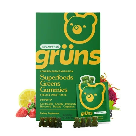 Gruns Adult Superfood Greens Gummies, Sugar-Free, 21 Vitamins & Minerals, Prebiotics Fiber for Digestion, Adaptogens, Spirulina Chlorella, 12 Servings | Walmart (US)