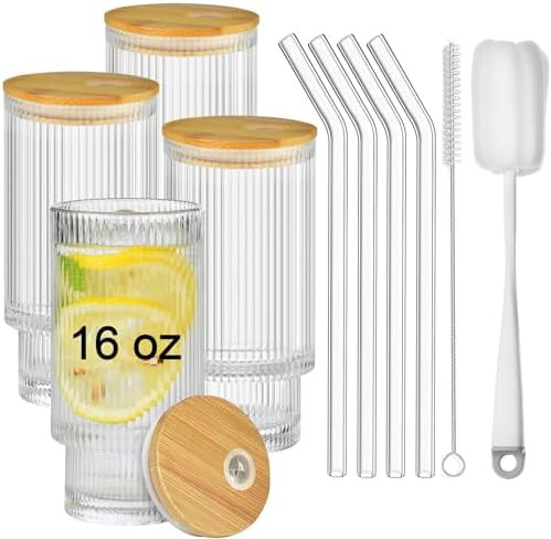 ALINK 16 OZ Ribbed Drinking Glasses 4pcs Set with Bamboo Lids and Glass Straws, Vintage Iced Coff... | Amazon (US)