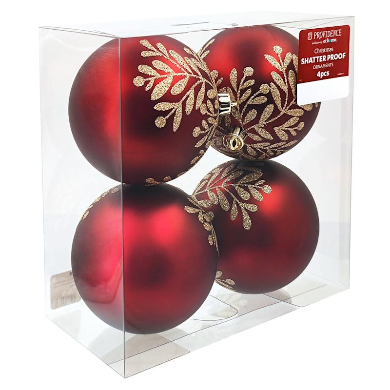 Providence 4-Count Burgundy & Gold Glitter Ornaments, 3.9" | At Home