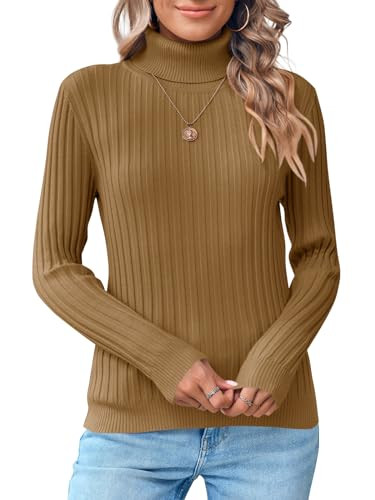 Danedvi Womens Ribbed Turtleneck Sweaters Long Sleeve Classic Fitted Fall Trendy Soft Knit Solid Pullover Sweater Top Camel | Amazon (US)
