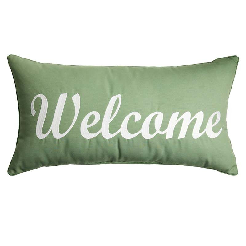 Green Welcome Embroidered Lumbar Pillow, 14x27 | At Home