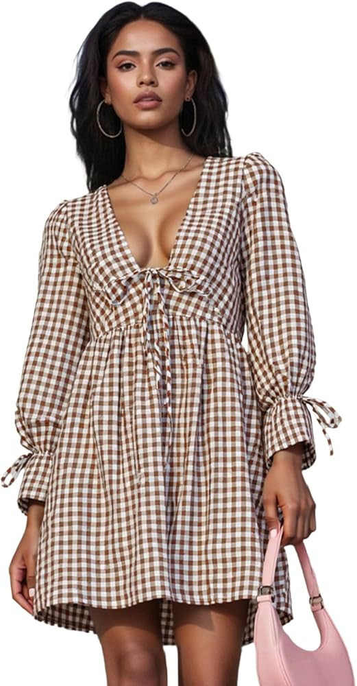 Women's Plaid Mini Dress Short Sleeve V Neck Casual Summer Dress Stretchy Fit for Daily Wear Dati... | Amazon (US)