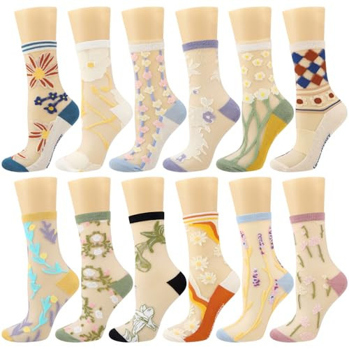 Jspupifip 12 Pairs Womens Sheer Socks, Summer Transparent Thin Vintage Flower/Thin Mesh Lace Elastic Jacquard Glass Silk | Amazon (US)